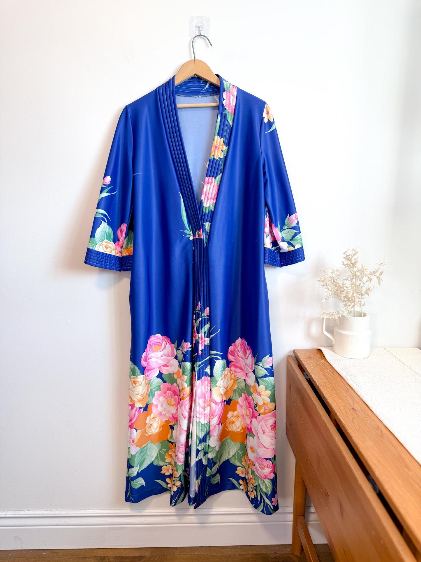 Vintage Robe / Duster Jacket in Blue/Floral Print (Size L)
