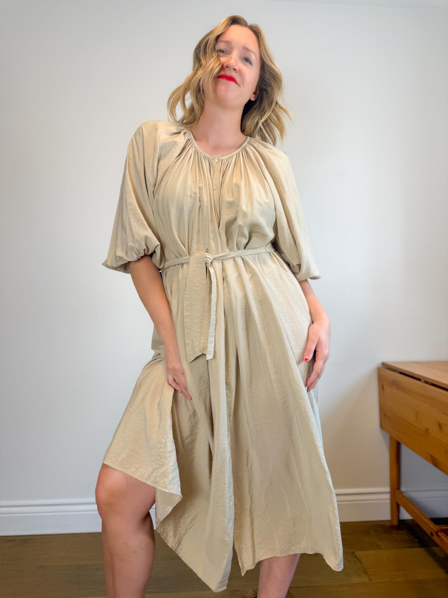 & Other Stories Puff Sleeve Midi Dress in Beige (Size S-L)