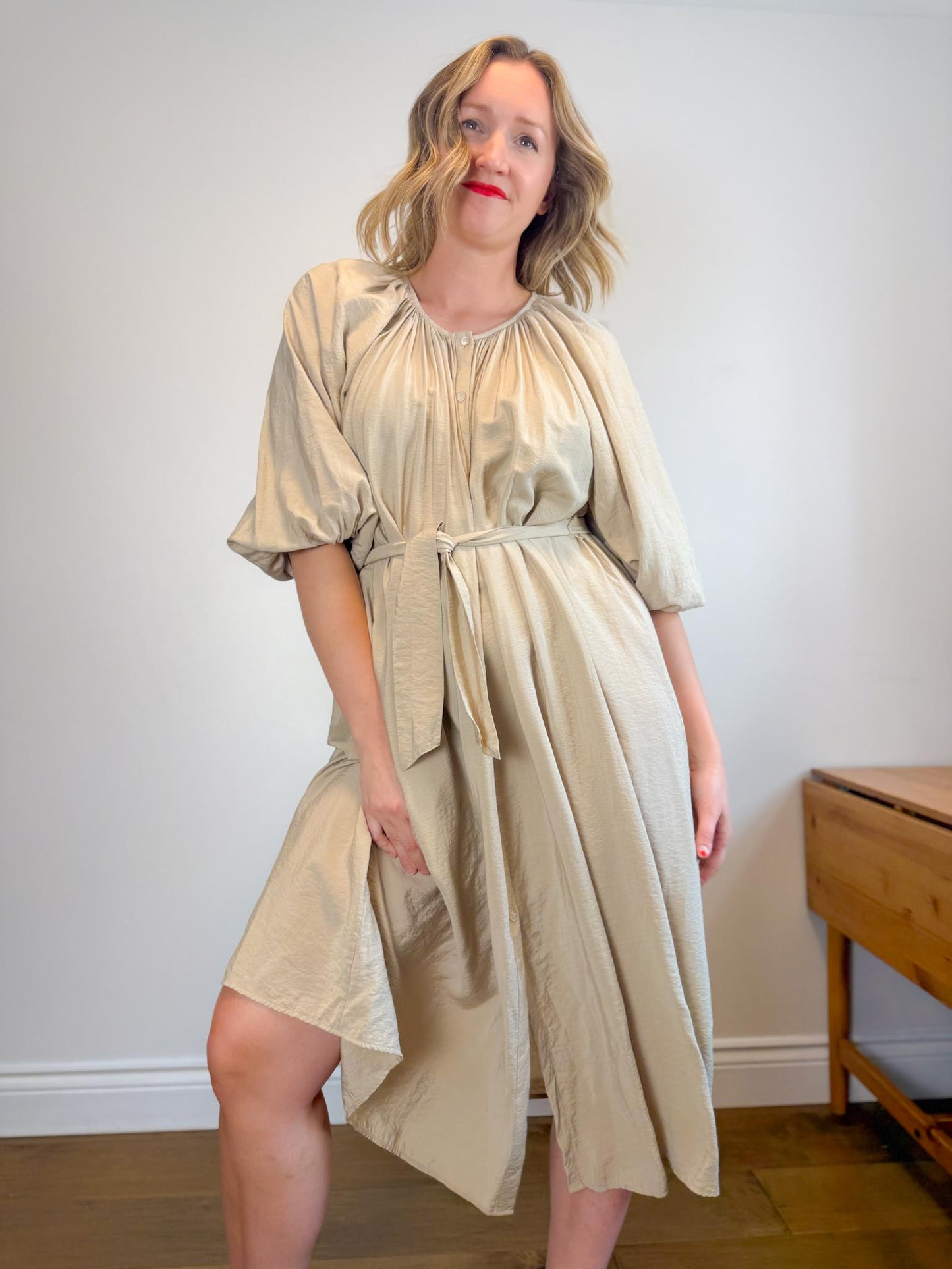 & Other Stories Puff Sleeve Midi Dress in Beige (Size S-L)
