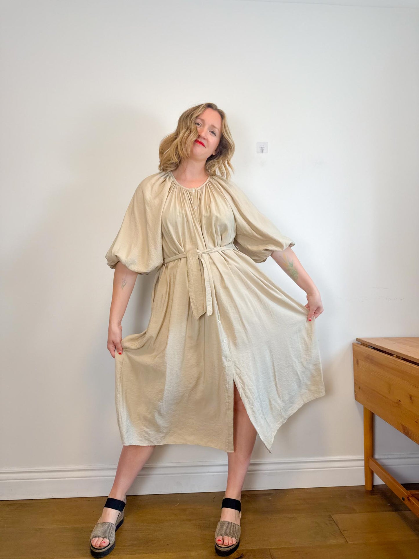 & Other Stories Puff Sleeve Midi Dress in Beige (Size S-L)
