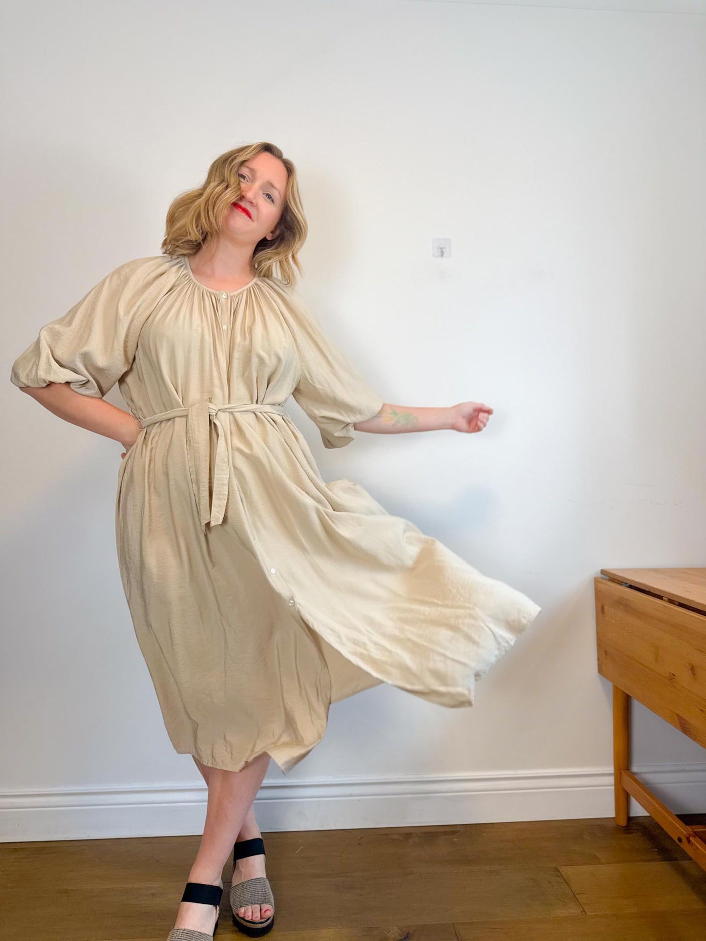 & Other Stories Puff Sleeve Midi Dress in Beige (Size S-L)