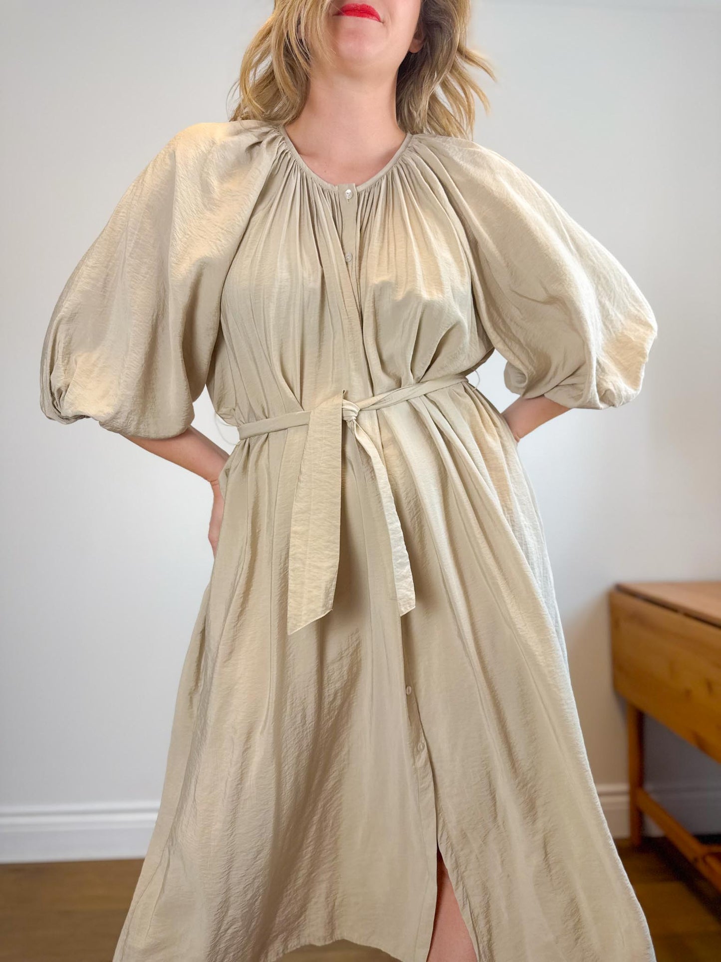 & Other Stories Puff Sleeve Midi Dress in Beige (Size S-L)
