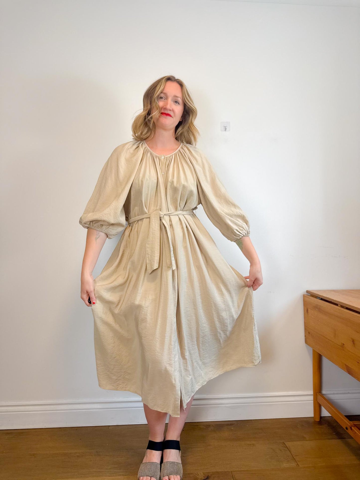 & Other Stories Puff Sleeve Midi Dress in Beige (Size S-L)