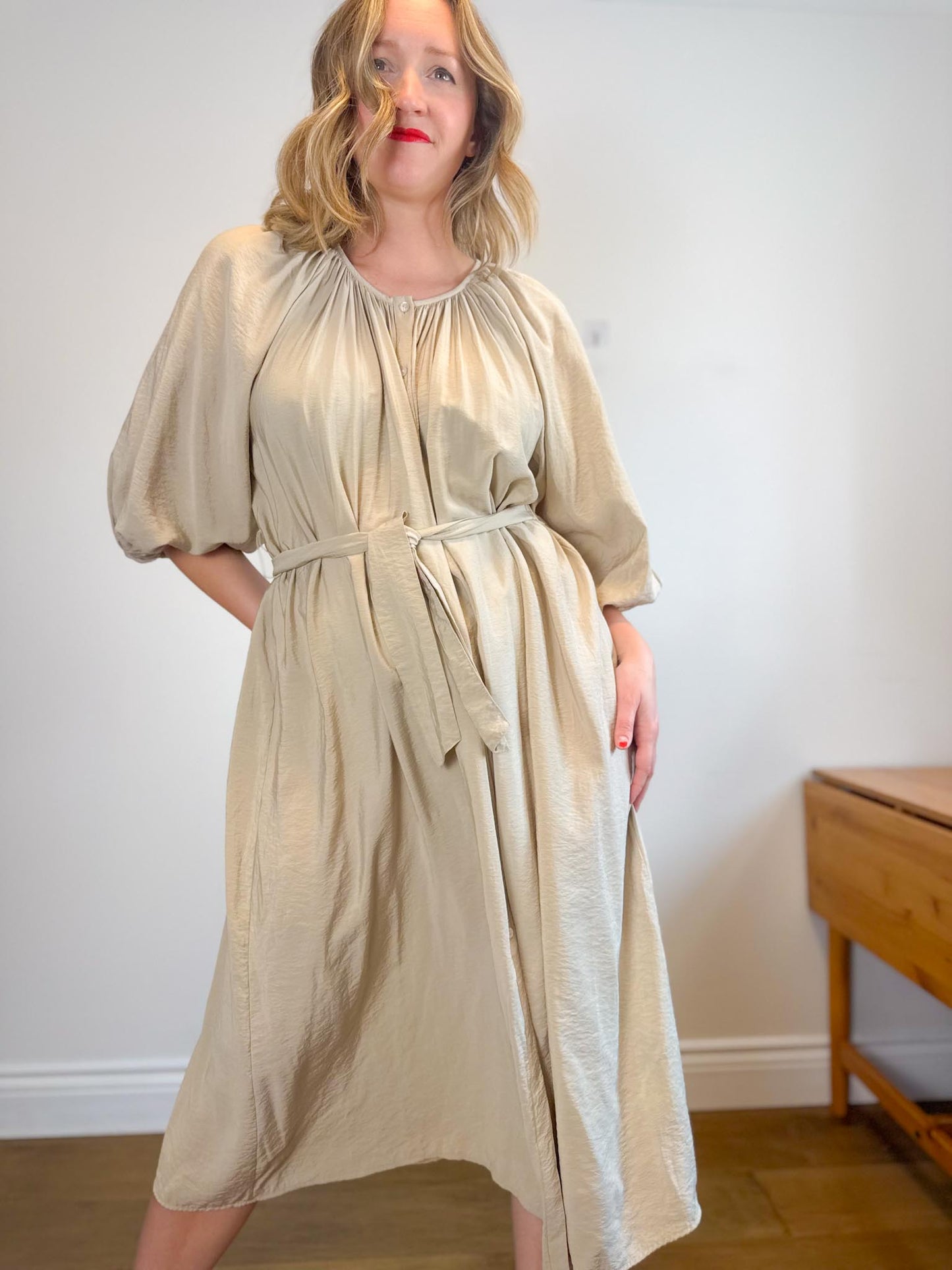 & Other Stories Puff Sleeve Midi Dress in Beige (Size S-L)
