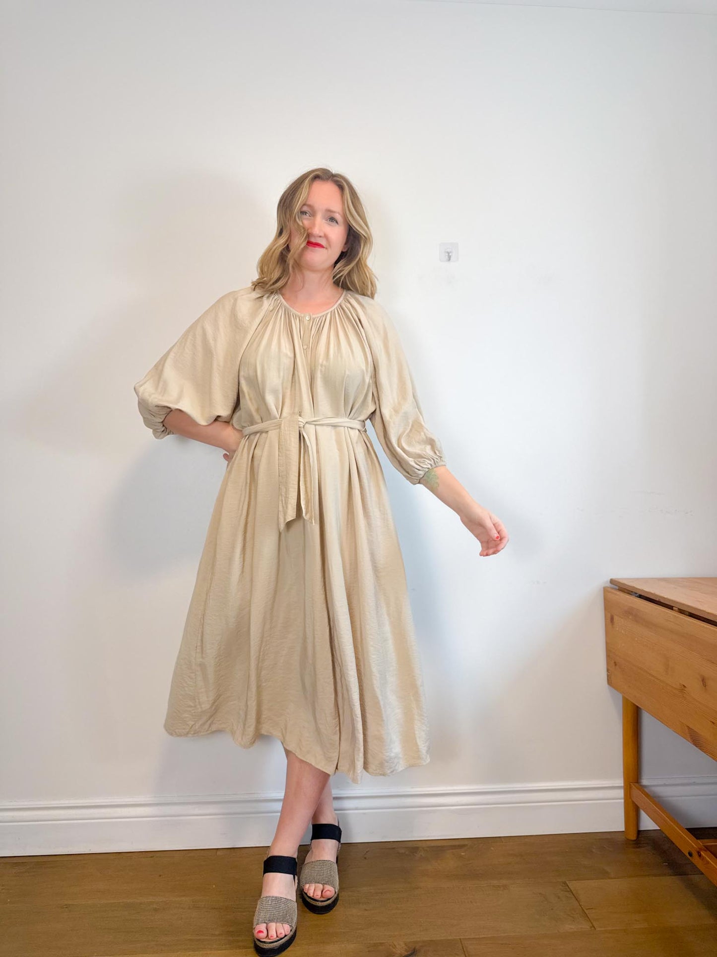 & Other Stories Puff Sleeve Midi Dress in Beige (Size S-L)