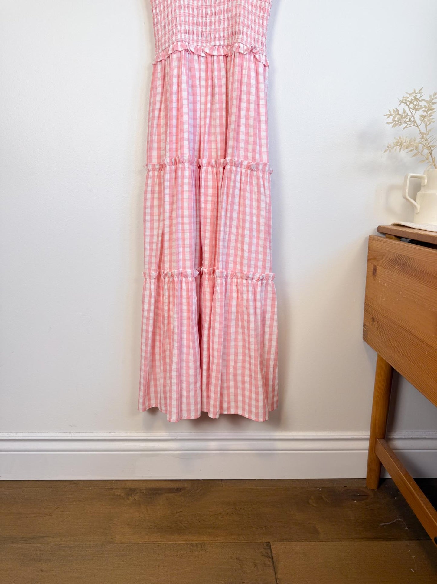 Aaron & Amber Smocked Maxi Dress in Pink Gingham (Size M)