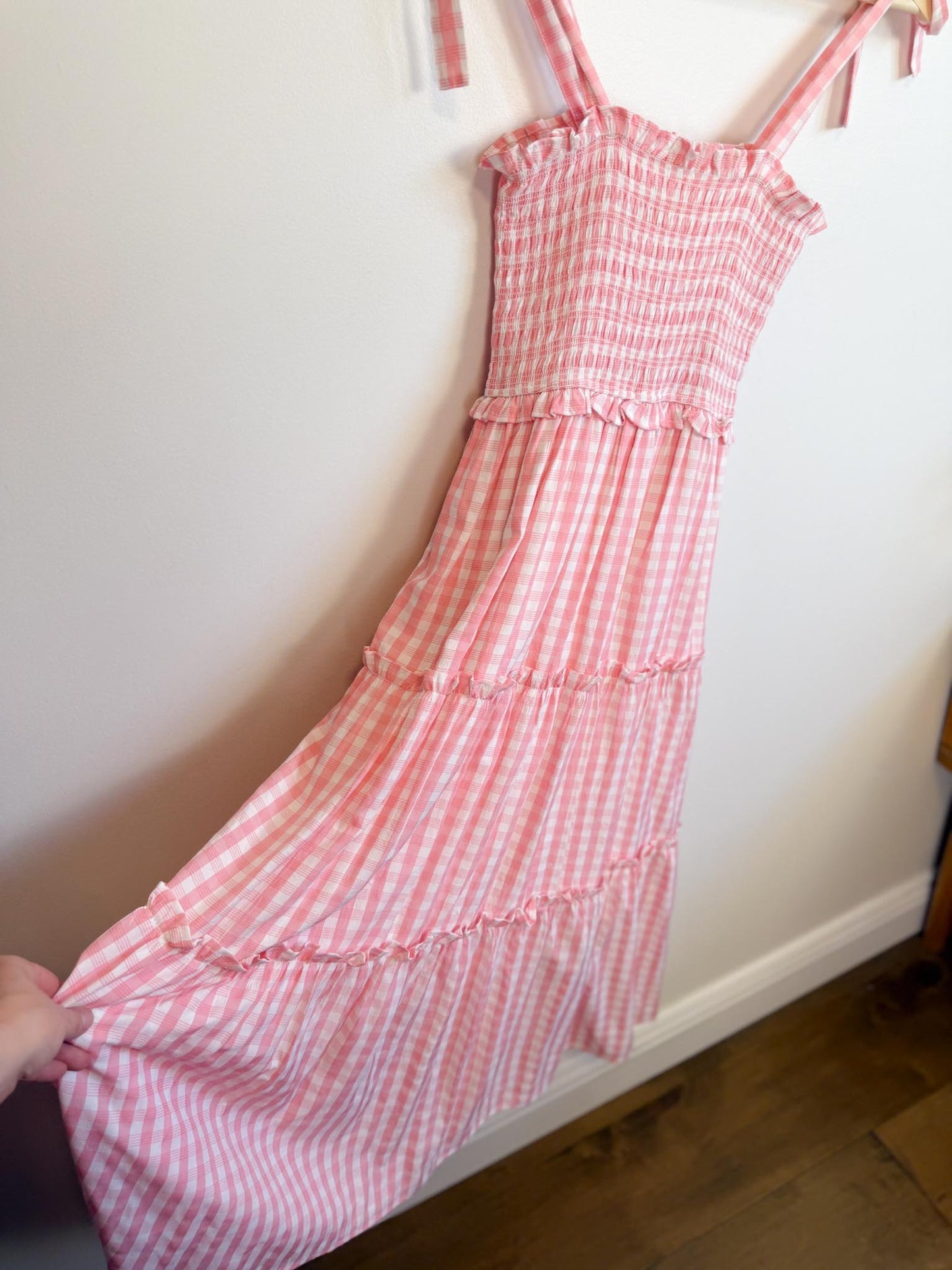Aaron & Amber Smocked Maxi Dress in Pink Gingham (Size M)