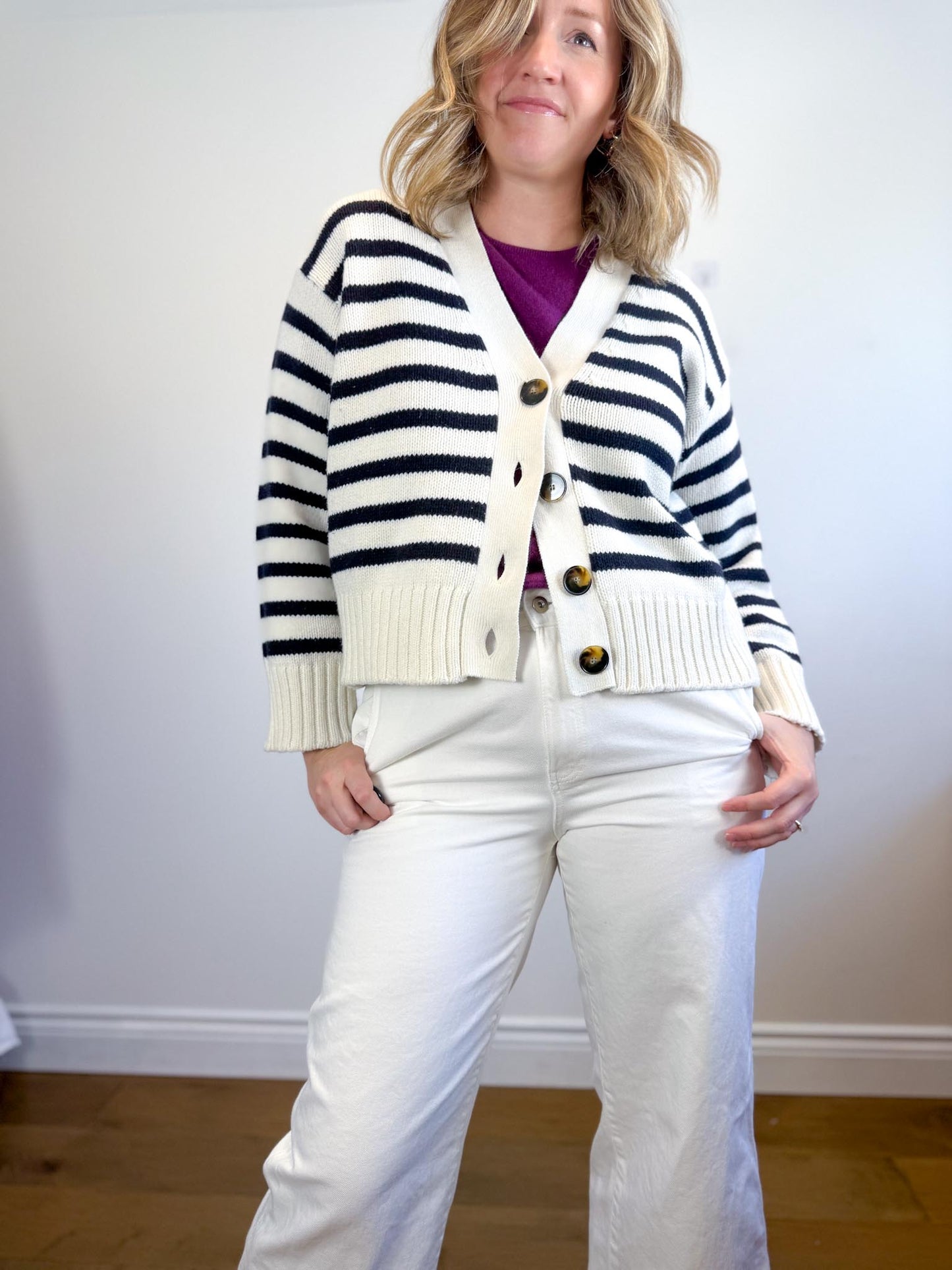 Sezane "Wilson Cardigan" in Ecru/Marine (Size S/M)