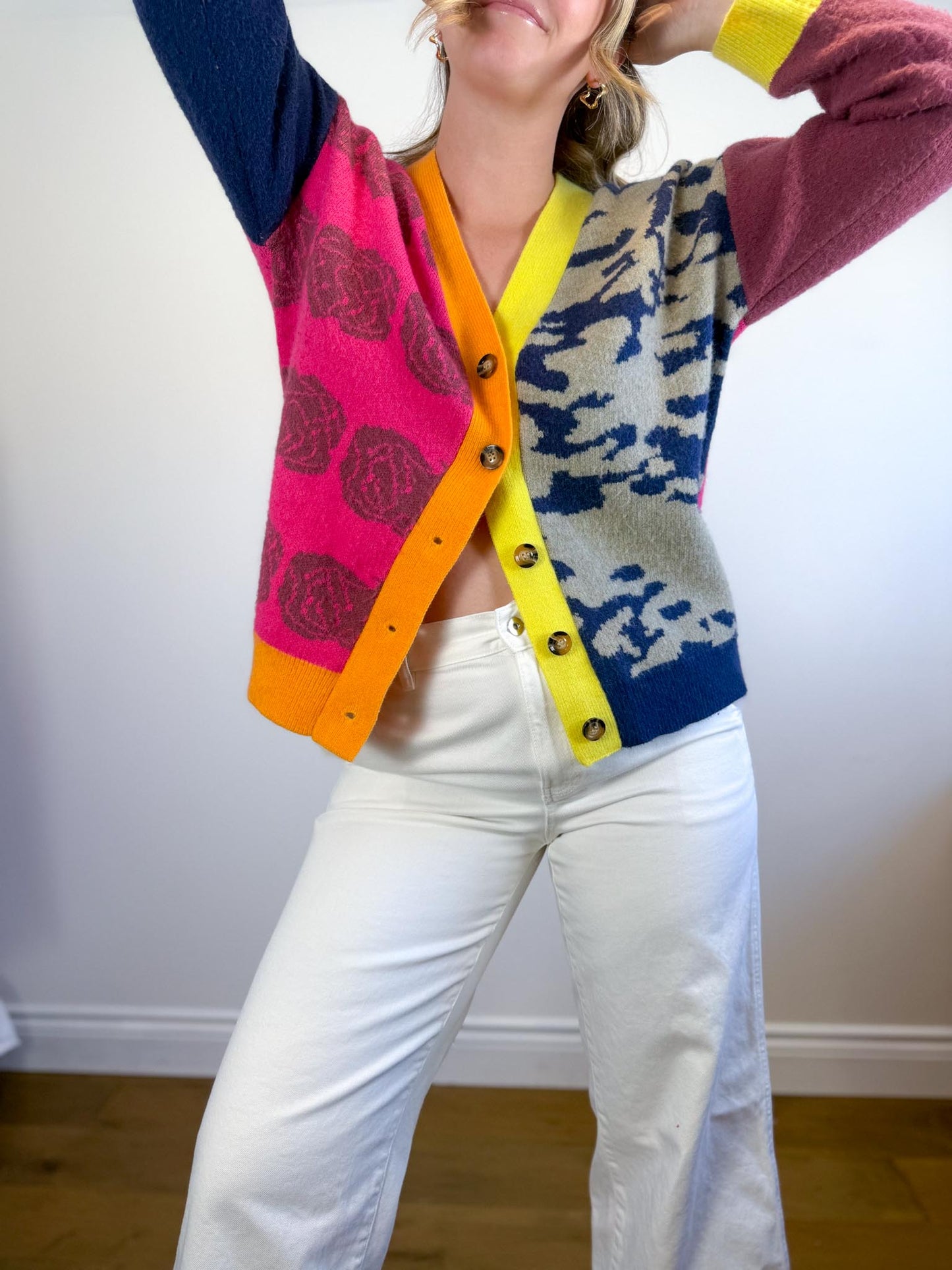MDM Patchwork Cardigan in Hot Pink/Navy (Size S-L)