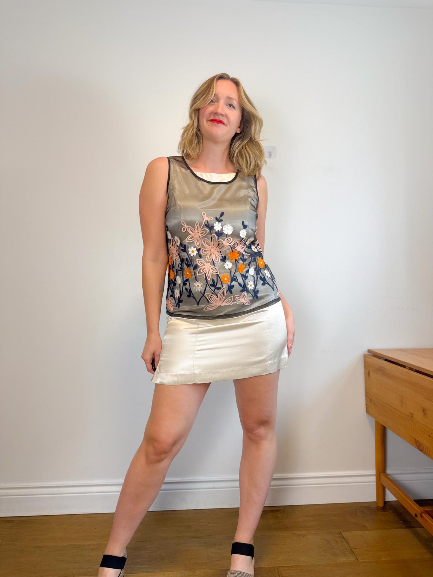 Sheer Floral Embroidered Top in Black NWT (Size M/L)