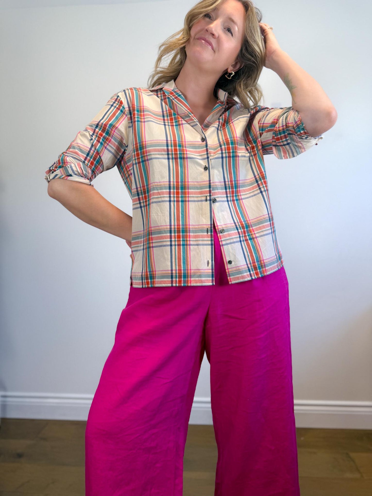 Weekend MaxMara Designer Plaid Button Down (Size L)
