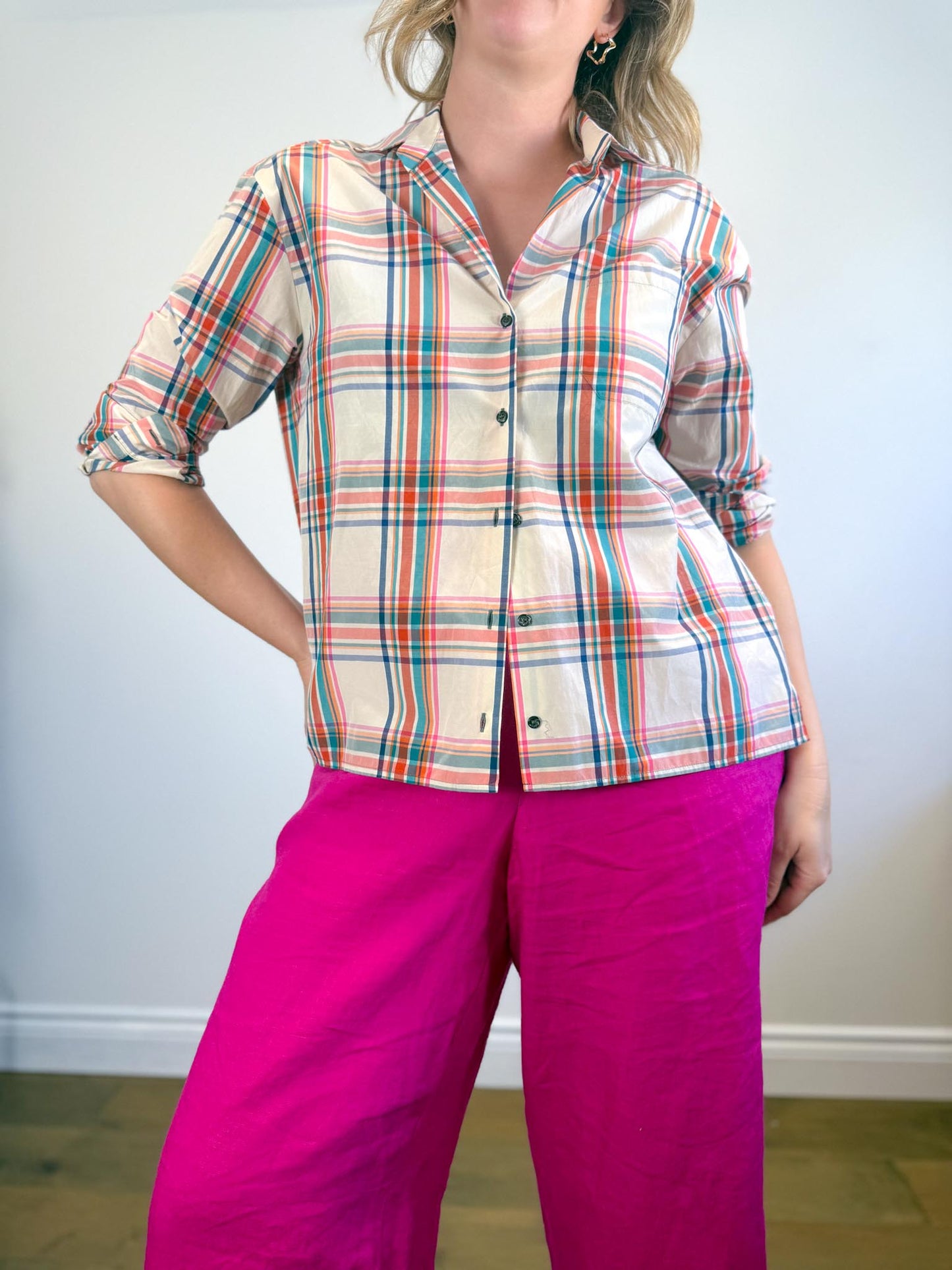 Weekend MaxMara Designer Plaid Button Down (Size L)