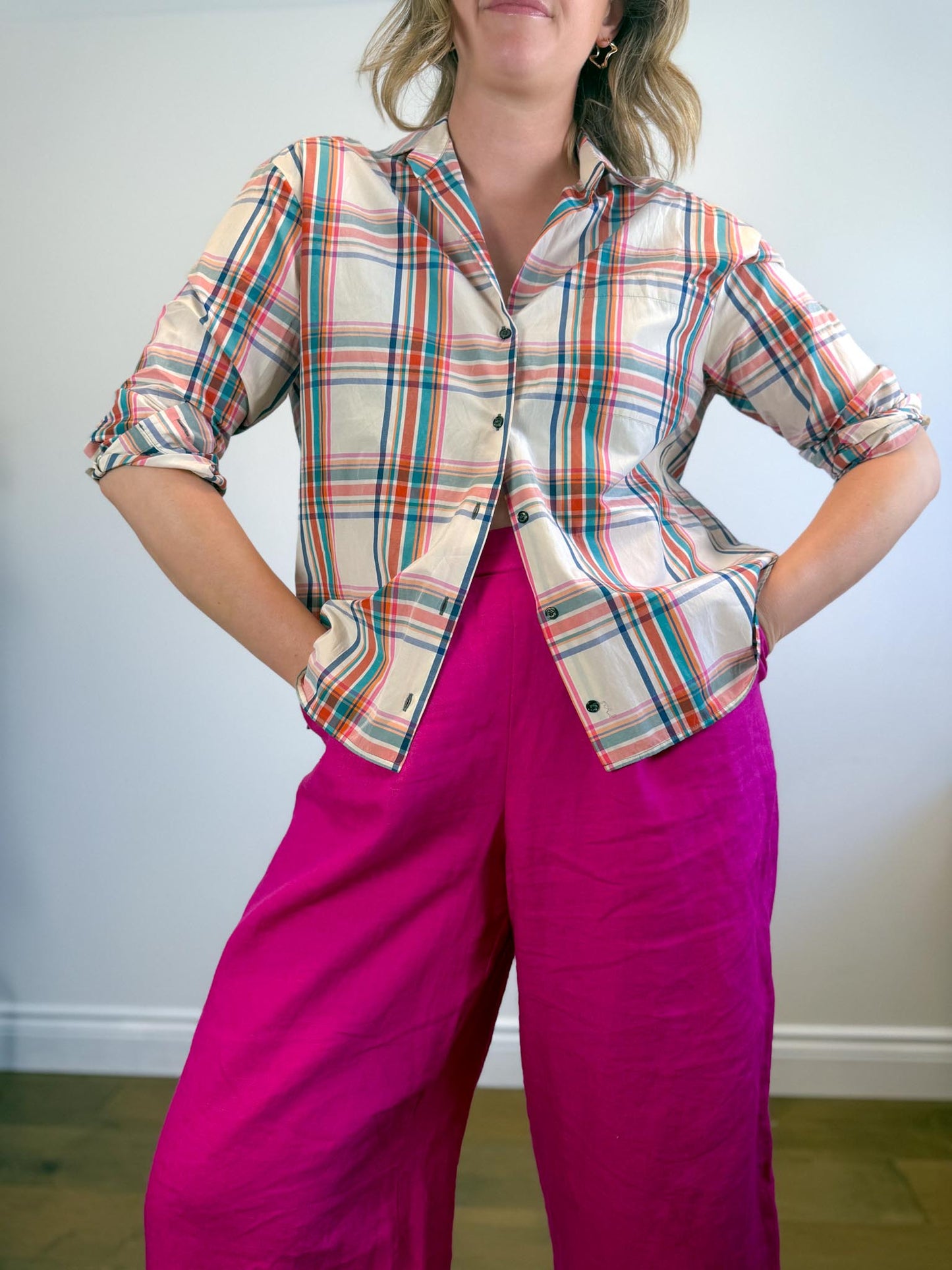 Weekend MaxMara Designer Plaid Button Down (Size L)