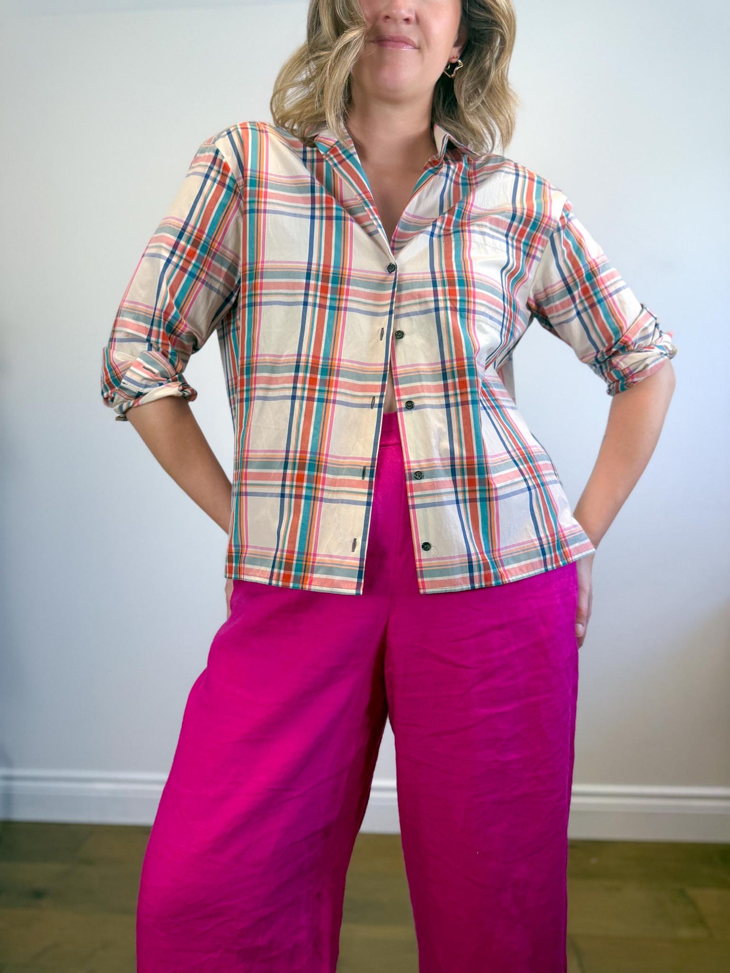 Weekend MaxMara Designer Plaid Button Down (Size L)
