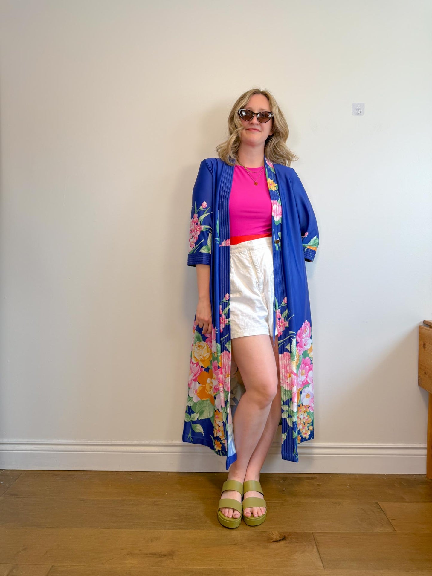 Vintage Robe / Duster Jacket in Blue/Floral Print (Size L)