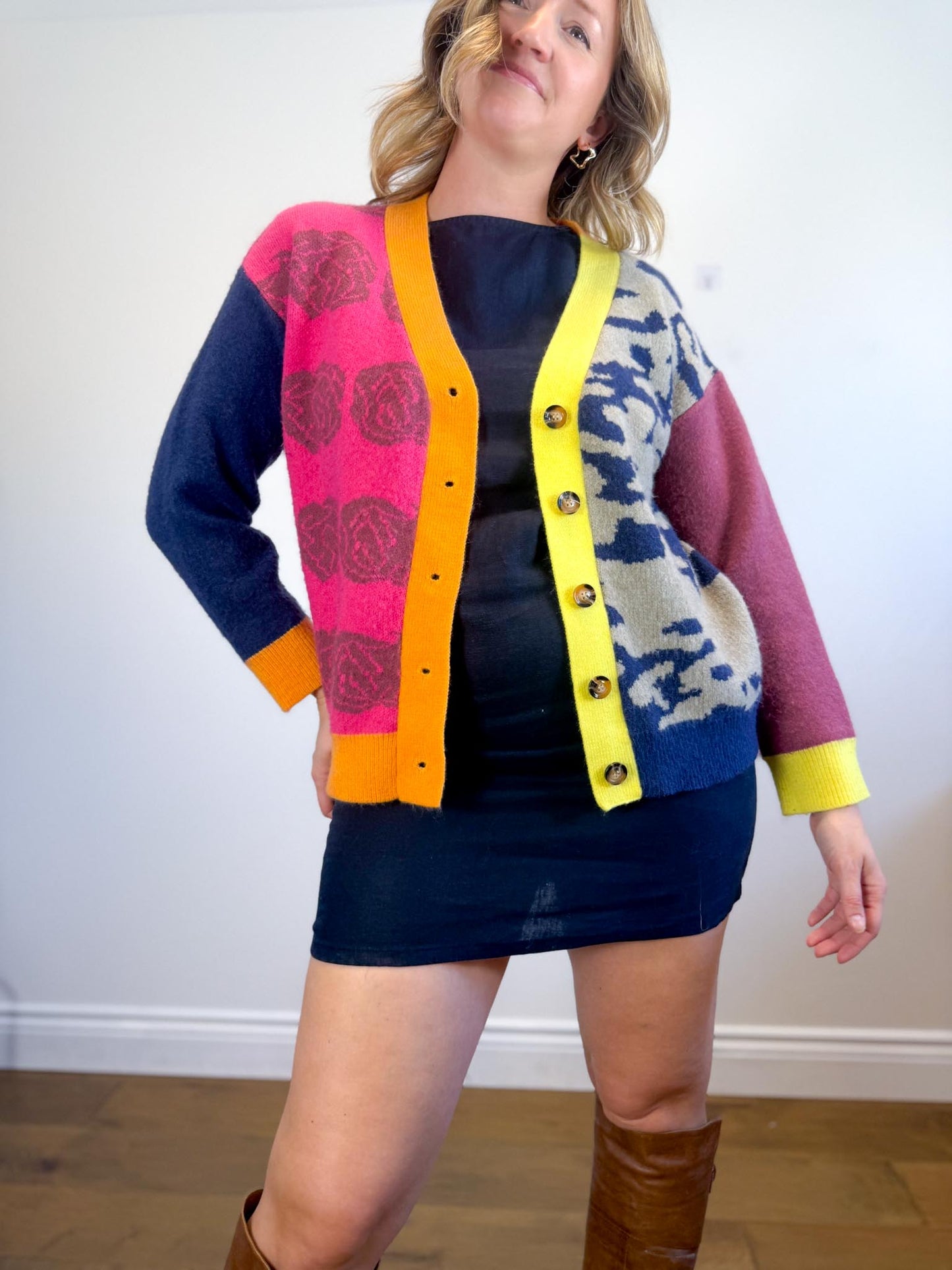 MDM Patchwork Cardigan in Hot Pink/Navy (Size S-L)