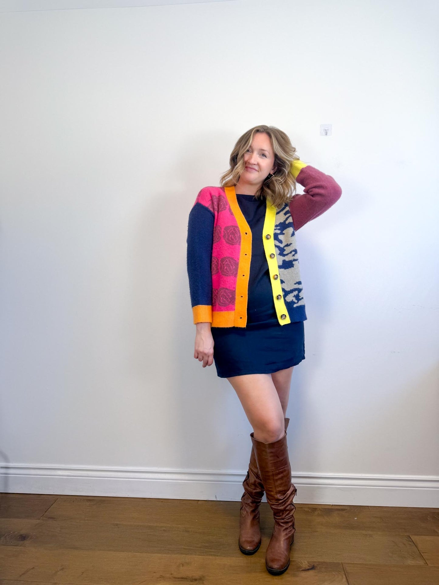 MDM Patchwork Cardigan in Hot Pink/Navy (Size S-L)