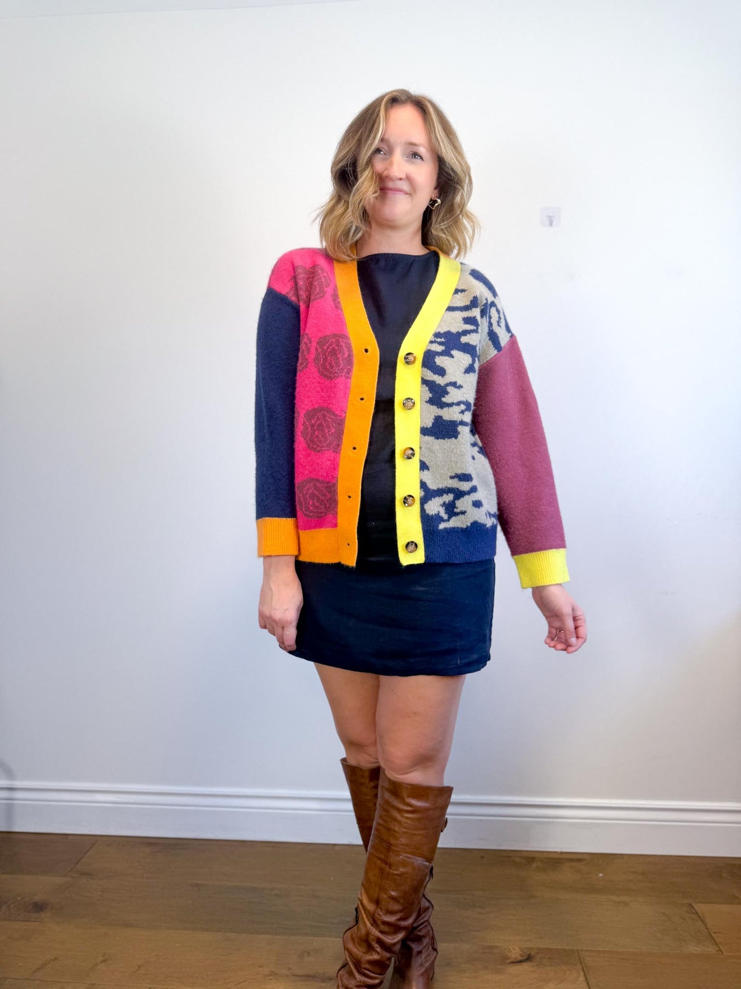 MDM Patchwork Cardigan in Hot Pink/Navy (Size S-L)