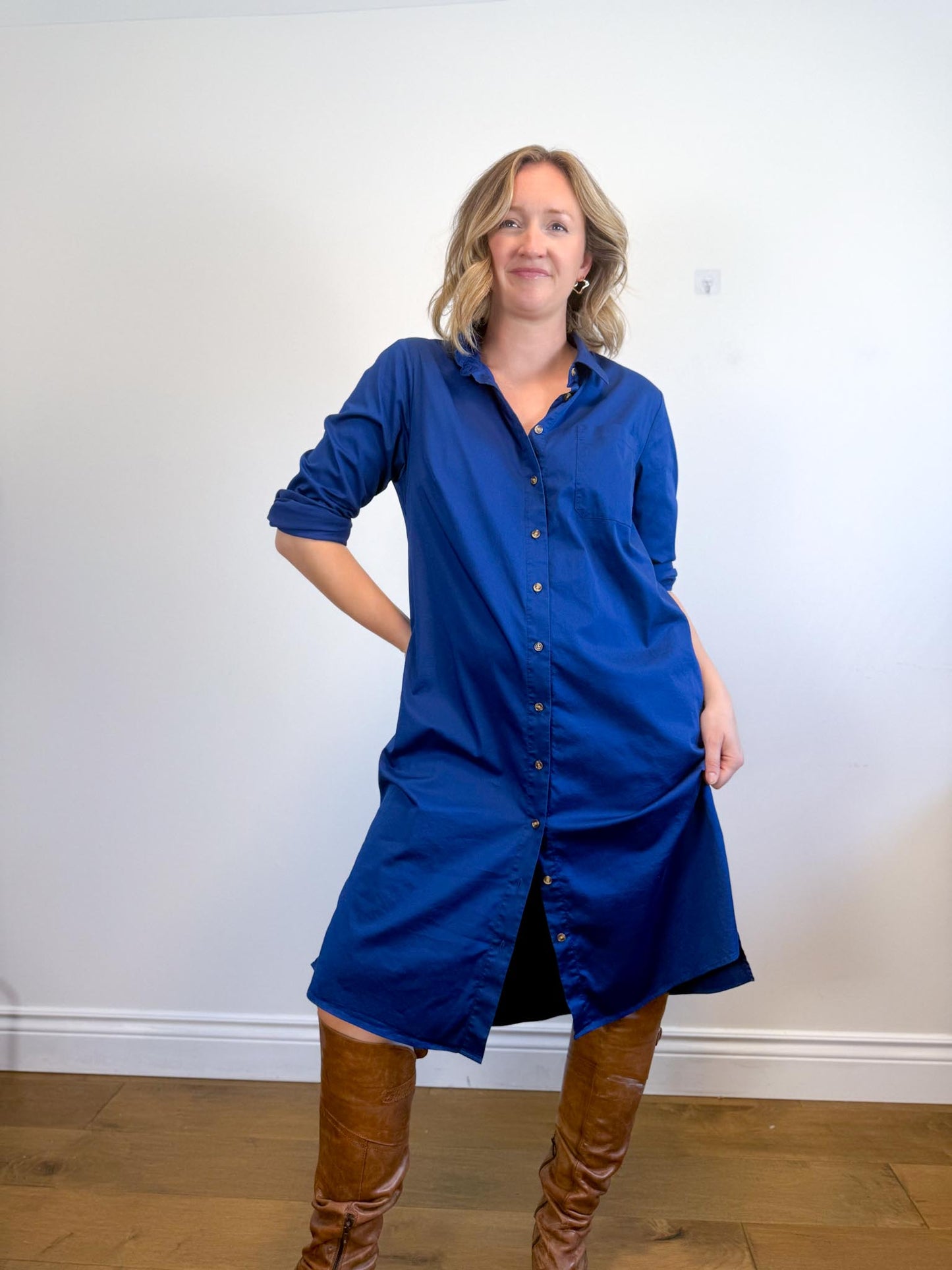 Universal Standard "Odeon Stretch Poplin Shirtdress in Blue" (Size M/L)
