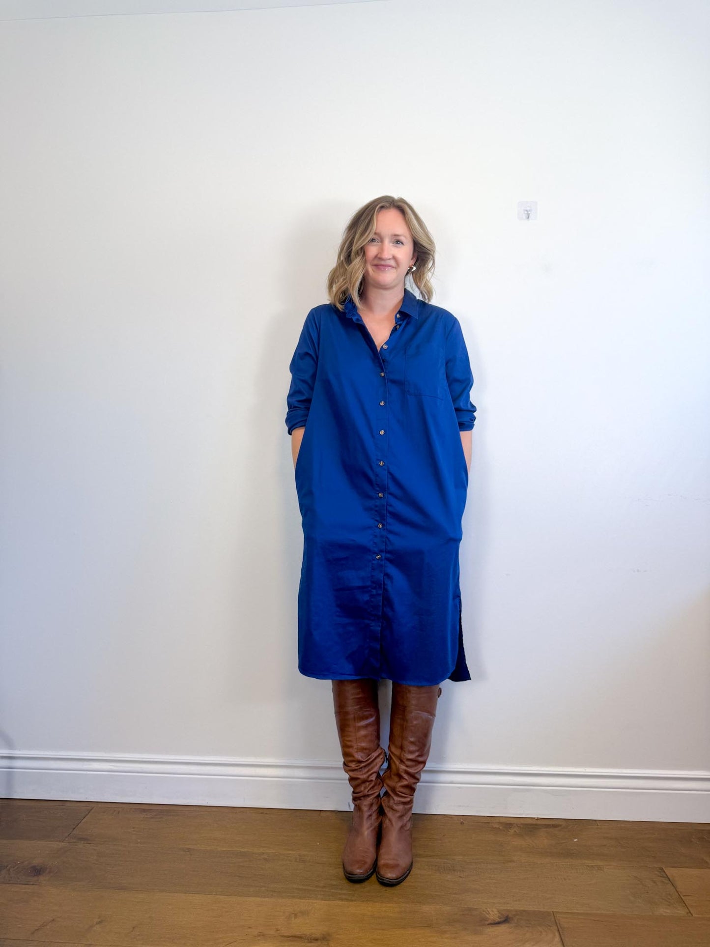 Universal Standard "Odeon Stretch Poplin Shirtdress in Blue" (Size M/L)