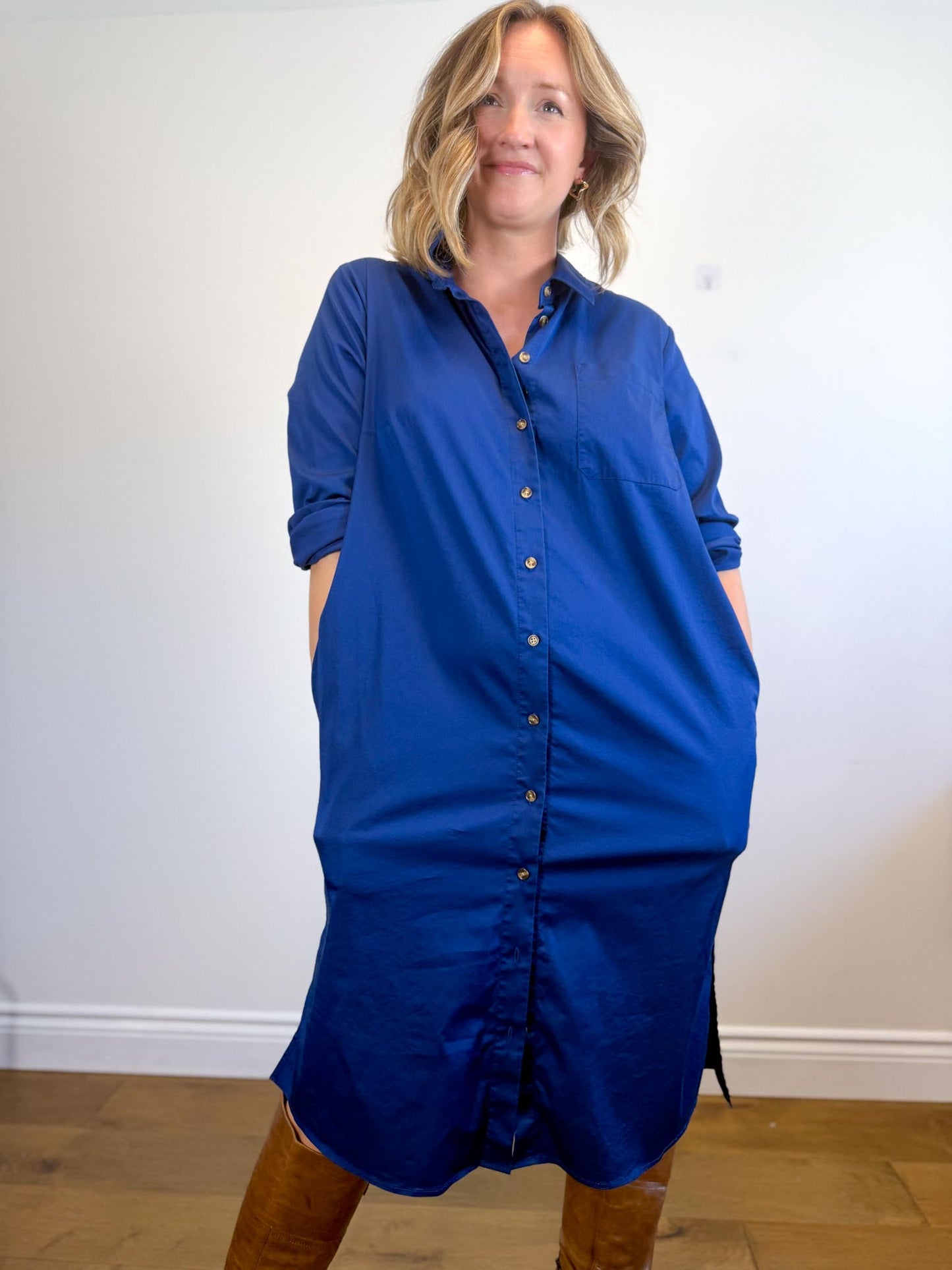 Universal Standard "Odeon Stretch Poplin Shirtdress in Blue" (Size M/L)