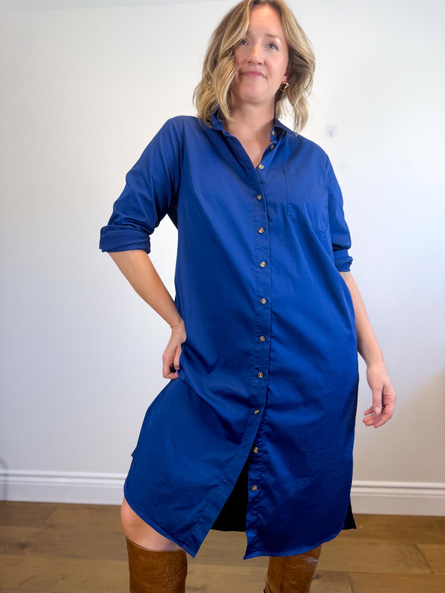 Universal Standard "Odeon Stretch Poplin Shirtdress in Blue" (Size M/L)