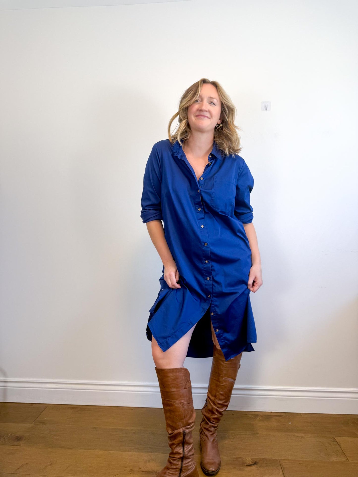 Universal Standard "Odeon Stretch Poplin Shirtdress in Blue" (Size M/L)