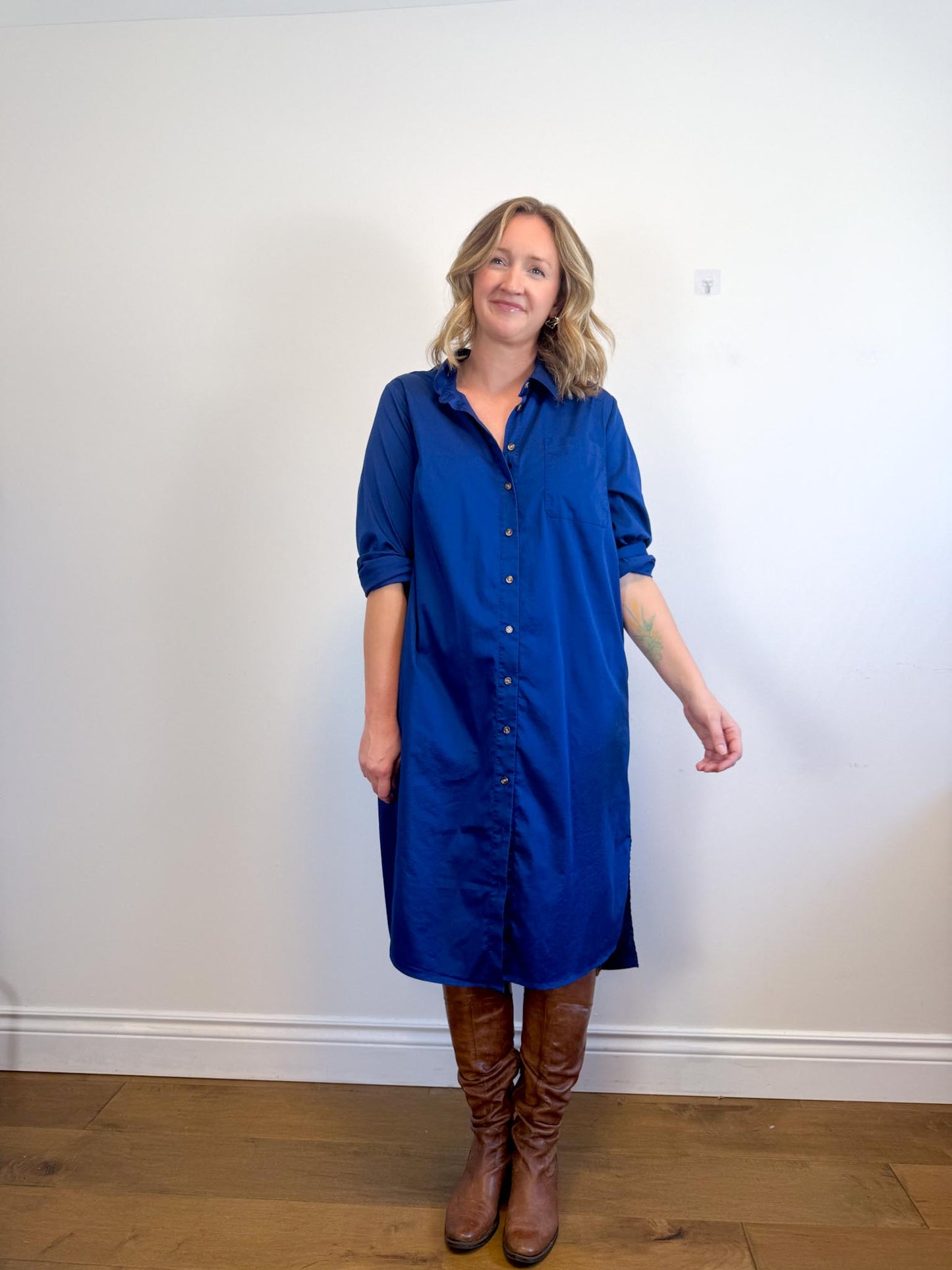 Universal Standard "Odeon Stretch Poplin Shirtdress in Blue" (Size M/L)