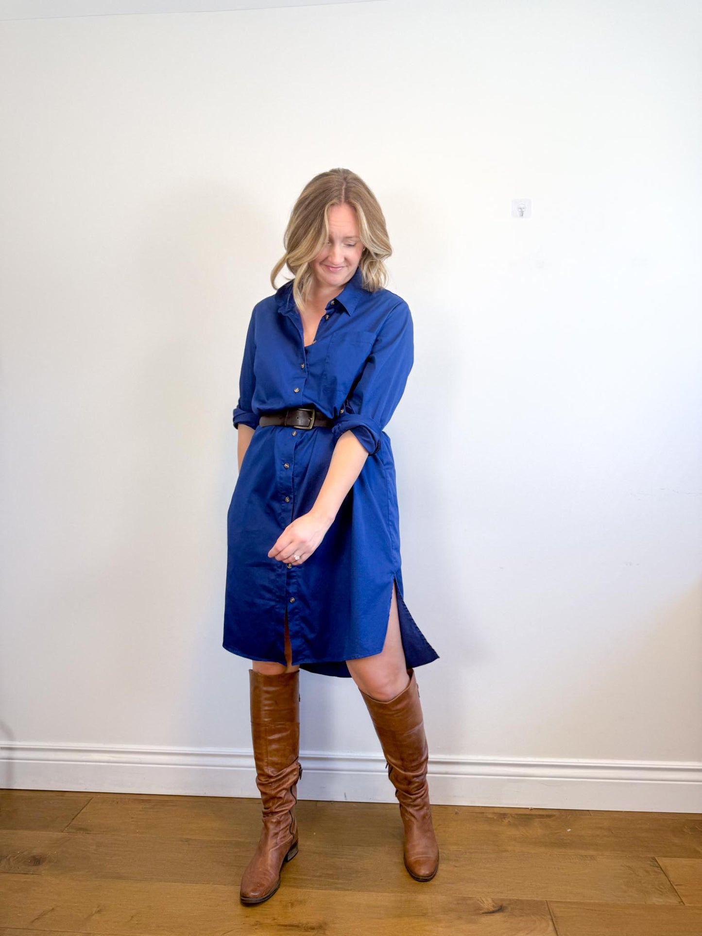 Universal Standard "Odeon Stretch Poplin Shirtdress in Blue" (Size M/L)