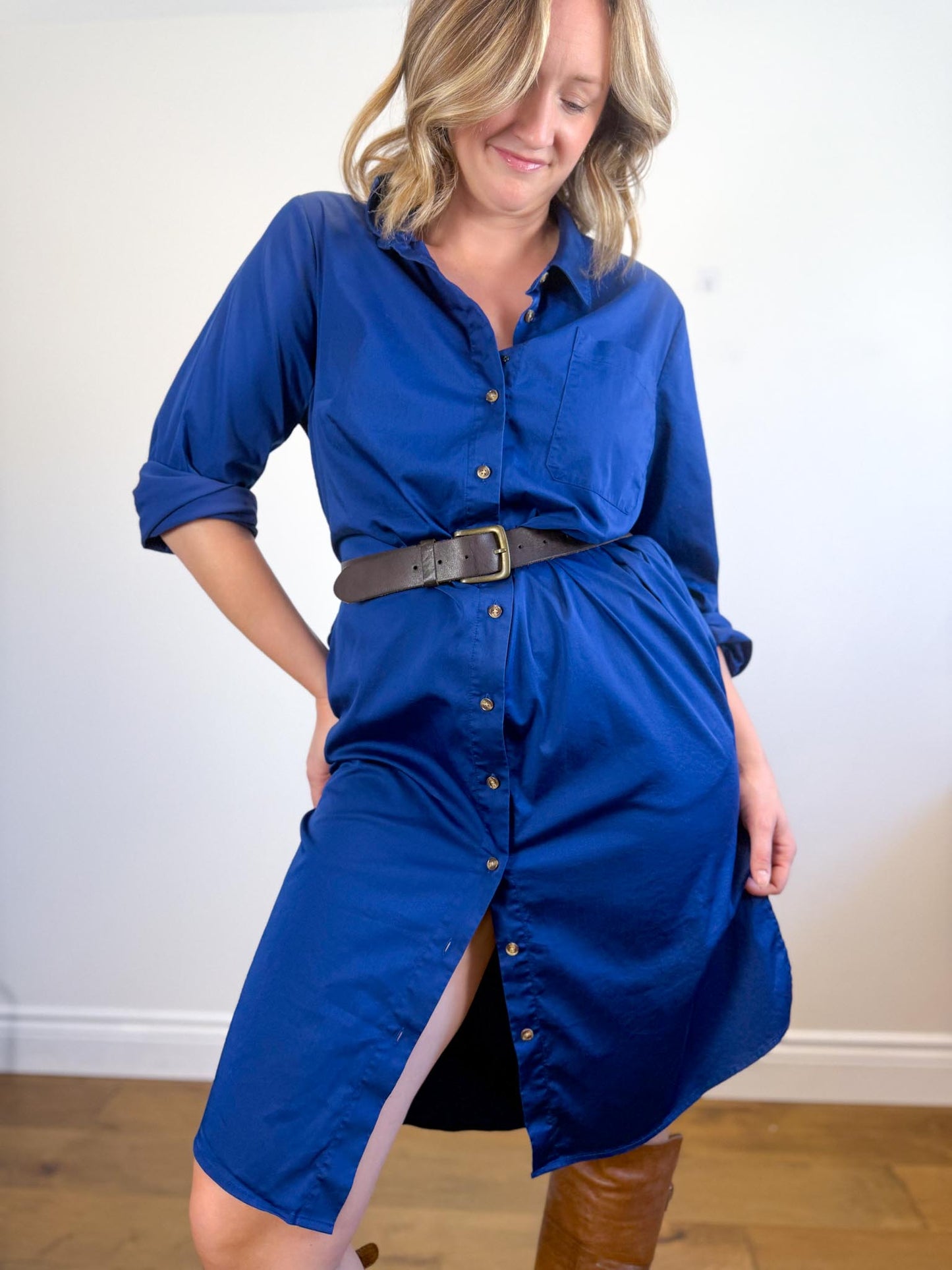Universal Standard "Odeon Stretch Poplin Shirtdress in Blue" (Size M/L)
