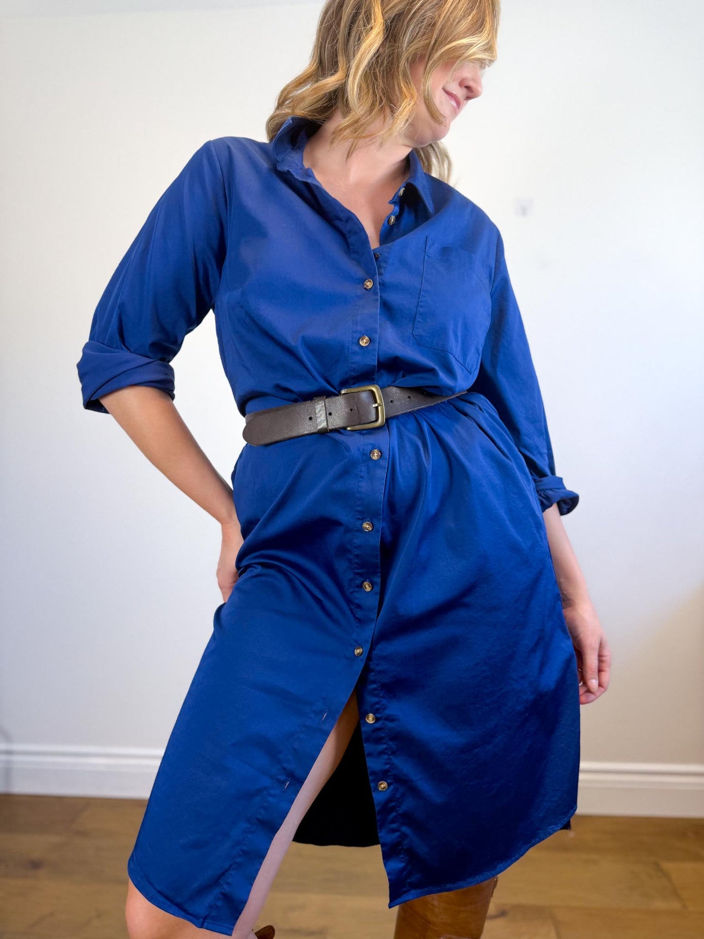 Universal Standard "Odeon Stretch Poplin Shirtdress in Blue" (Size M/L)