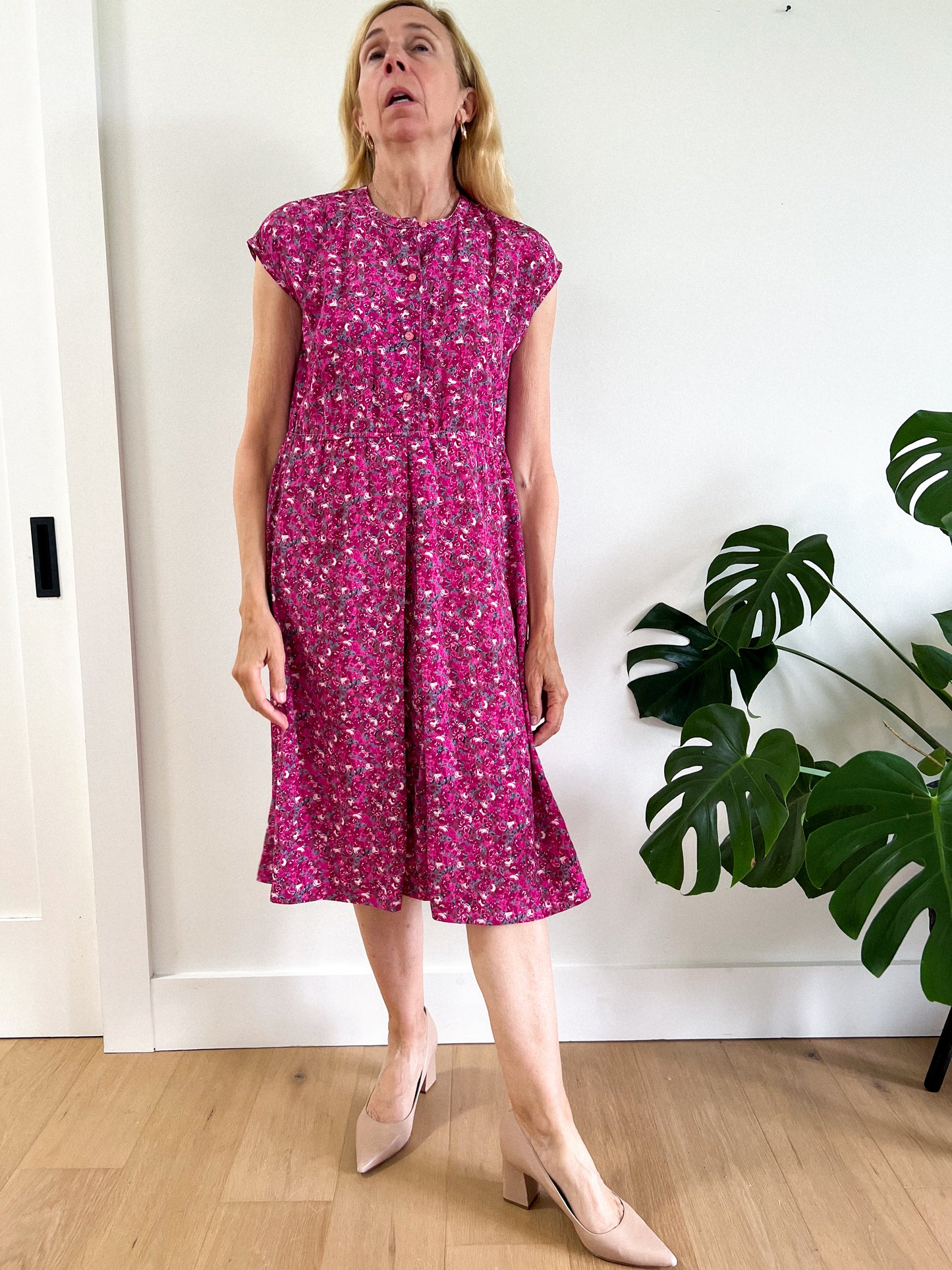 Vintage Pink Floral Midi Dress (Size M)