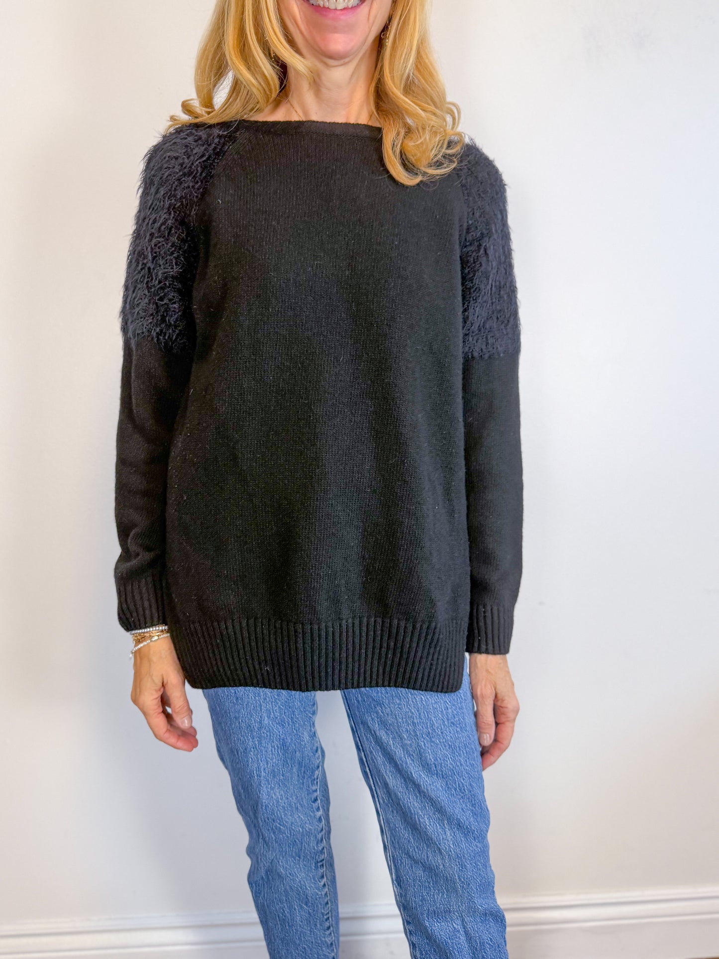 ANINE BING Designer "Fluffy Shoulder Wool Sweater in Black" (Size M)