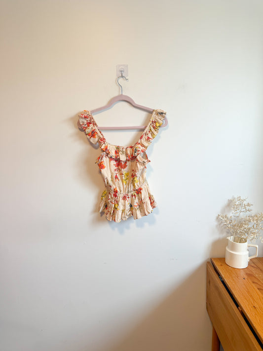 dRA Los Angeles Linen Ruffled Tank in Floral/Tucan Print (Size S)