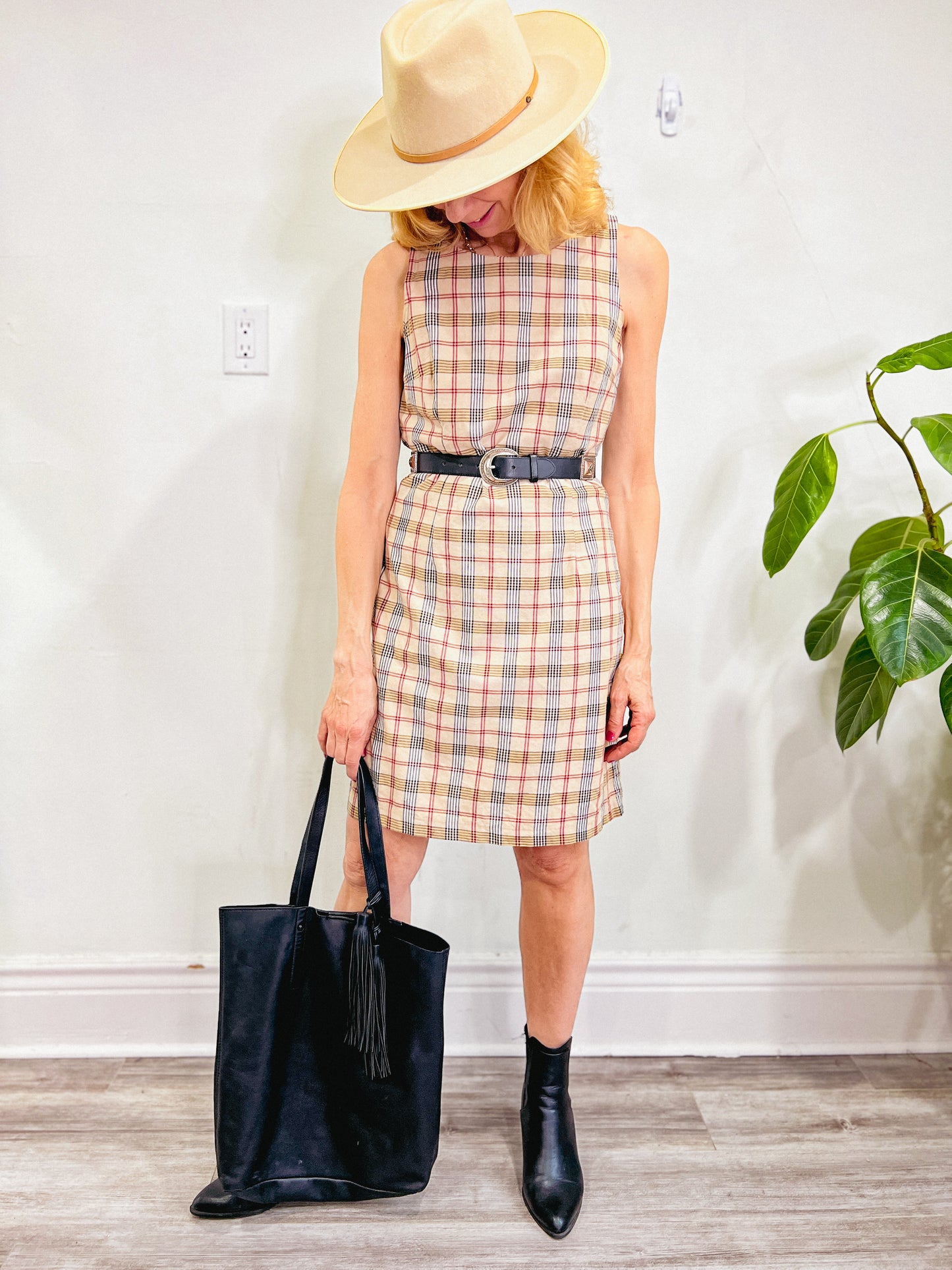 Vintage Check Print Shift Dress (Size M)