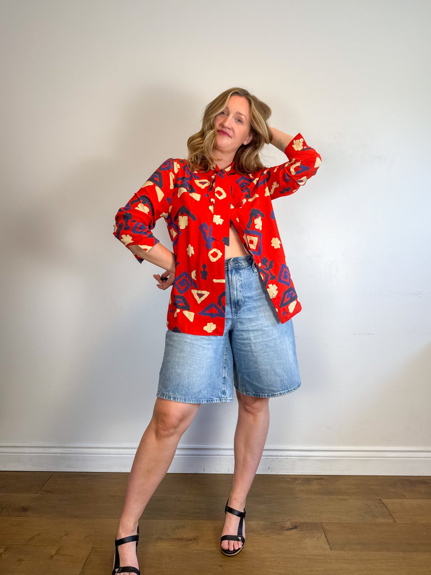 Vintage France Silk Blend Patterned Blouse (Size L/XL)