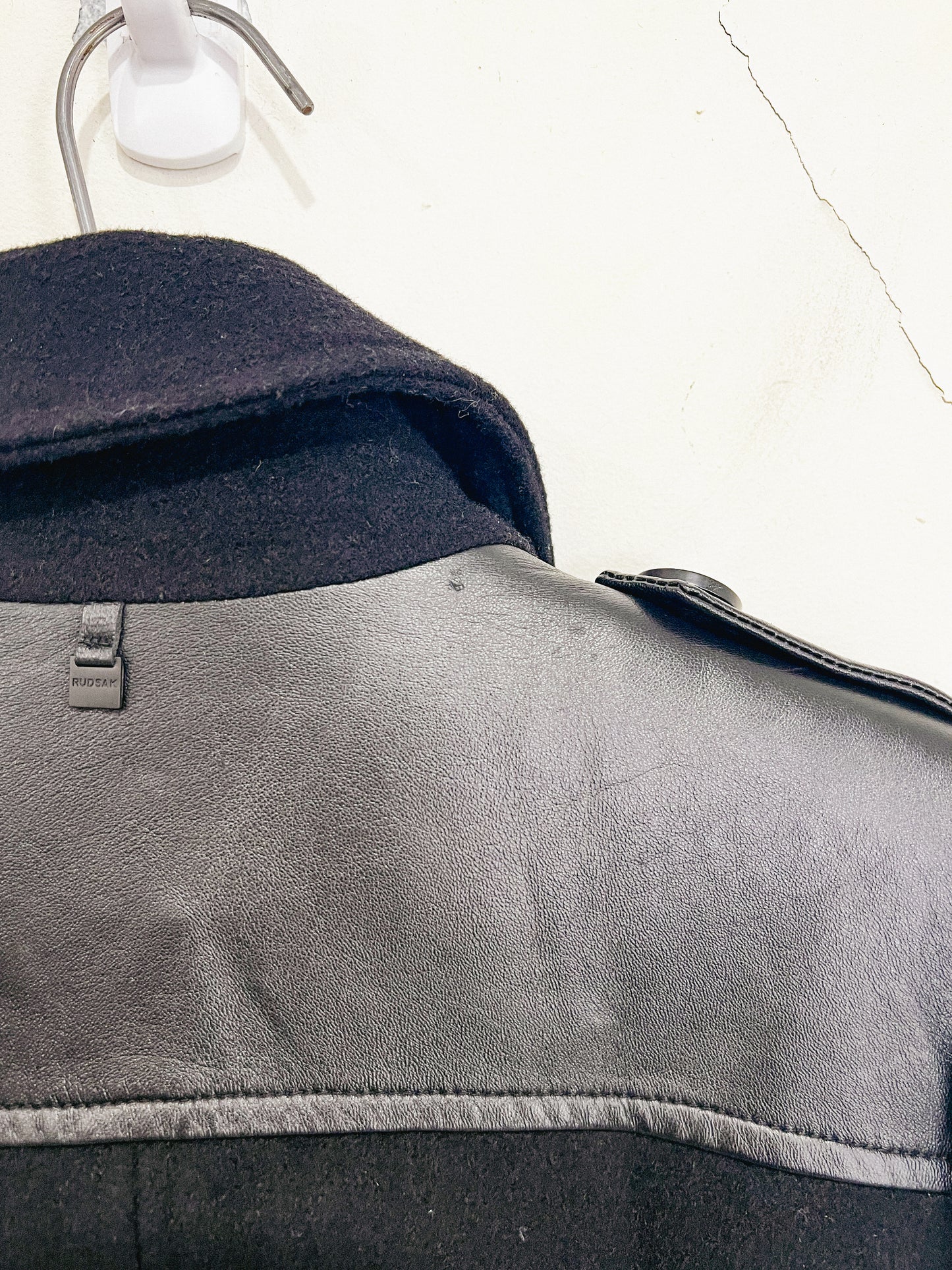 RUDSAK Black Wool & Leather Jacket with Pleated Back (Size S)