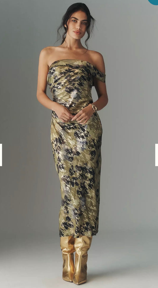 Anthropologie "One-Shoulder Printed Slim Midi Dress in Green/Gold" NWT (Size XL)