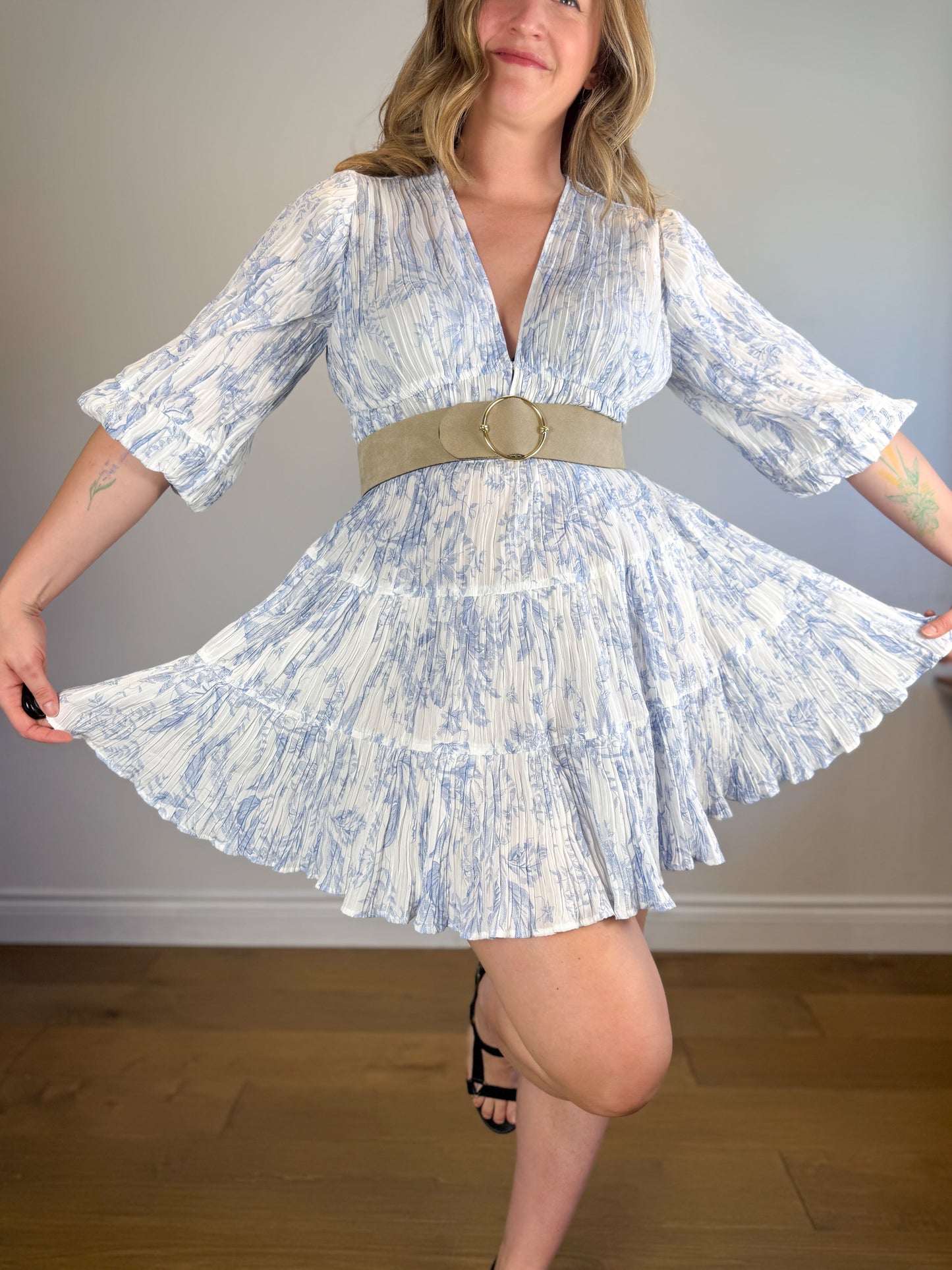 MAJE "Patterned Pleated Dress in Blue/White" NWT (Size M/L)