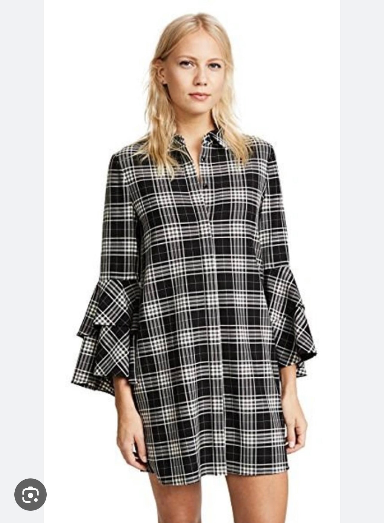 Alice + Olivia "Jem Trumpet Sleeve Shirt Dress in Black Plaid" (Size XS)