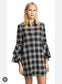 Alice + Olivia "Jem Trumpet Sleeve Shirt Dress in Black Plaid" (Size XS)