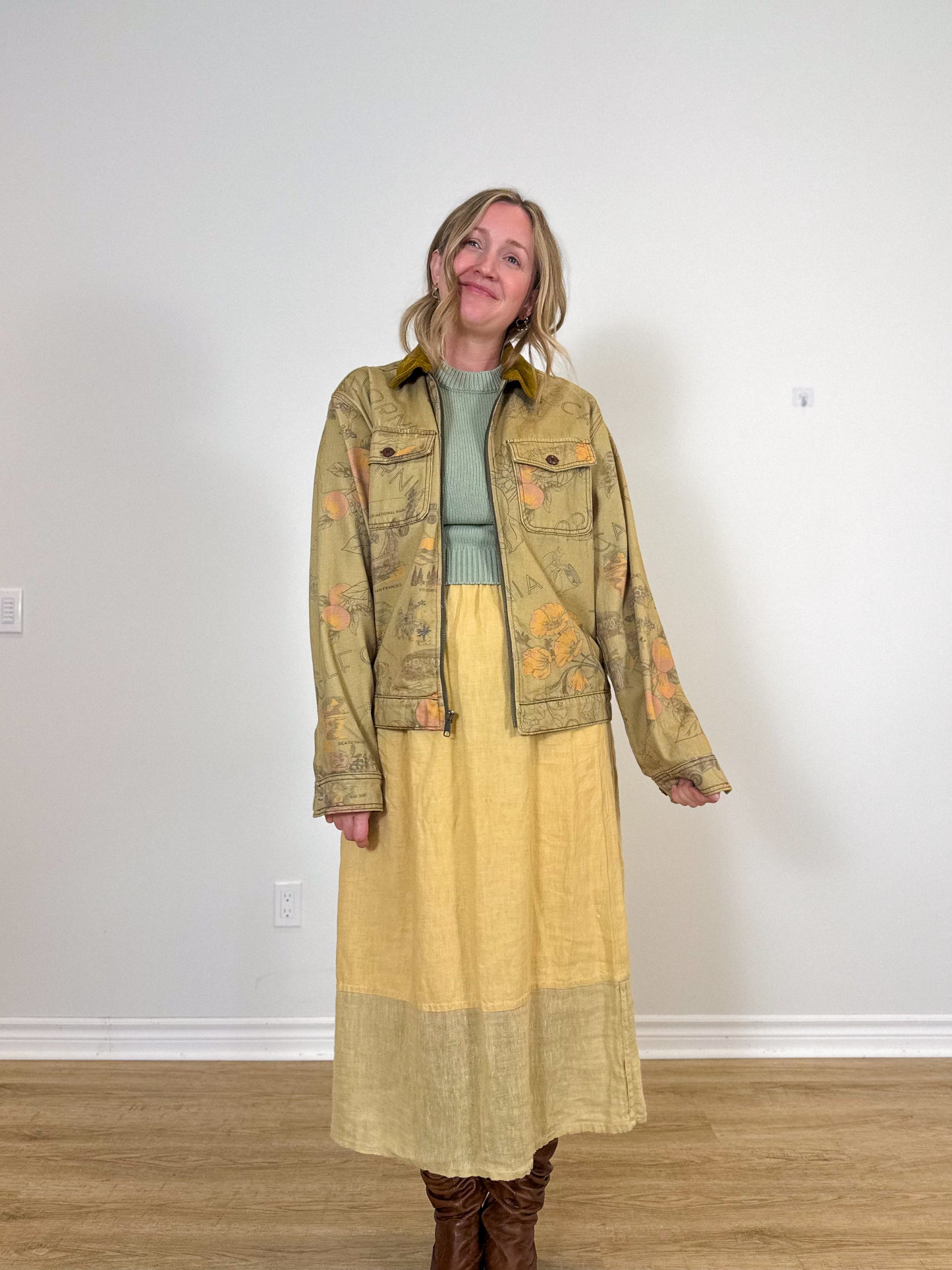 FLAX Linen Midi Skirt in Butter Yellow (Size L)