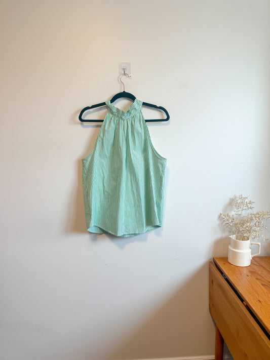 J.Crew "Tie-Neck Poplin Cotton Top in Green/White" (Size 10)