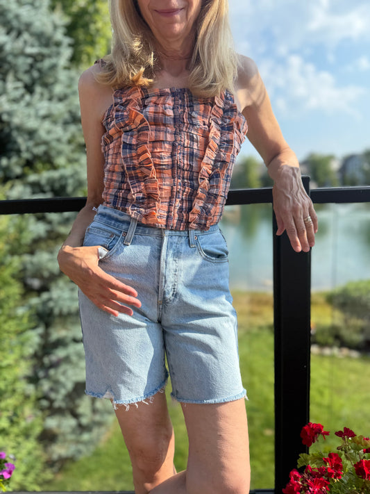 Anthropologie "Verb Ruffled Plaid Tank in Orange/Navy" NWT (Size XS-M)