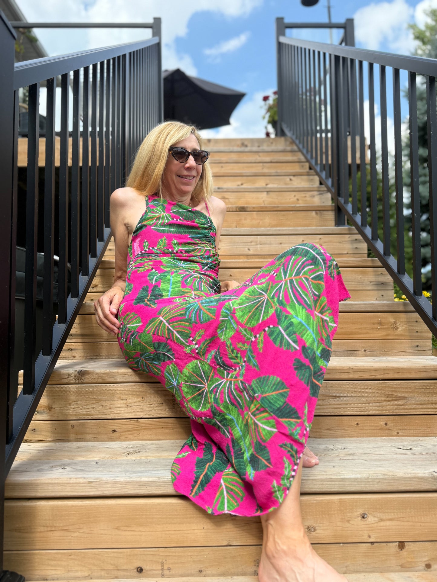 FARM RIO "Leaves Midi Dress in Hot Pink/Green" (Size S)