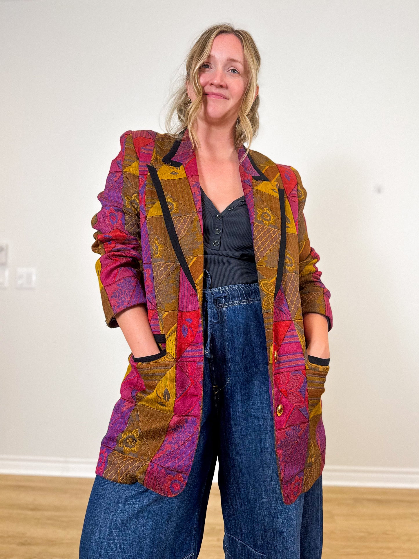 Vintage Quilted Blazer in Multi-Colour (Size XL)