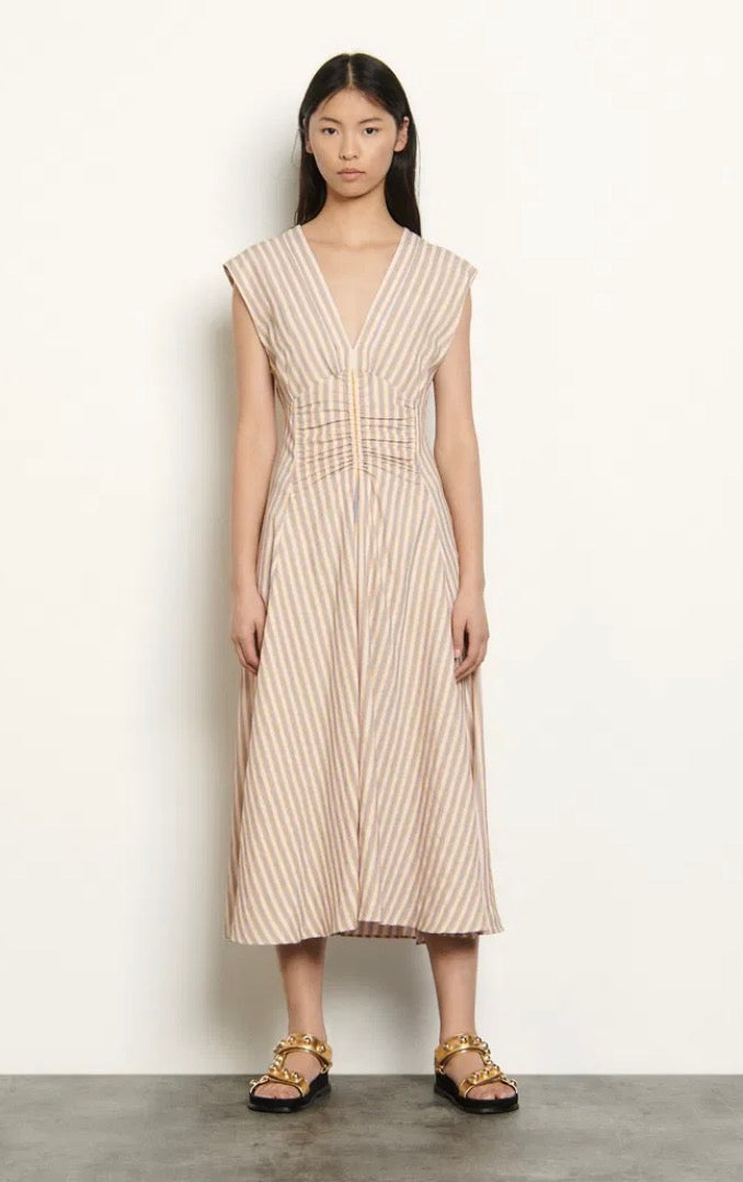 Sandro Striped Midi Dress in Pale Pink , Blue & Mustard (Size S)