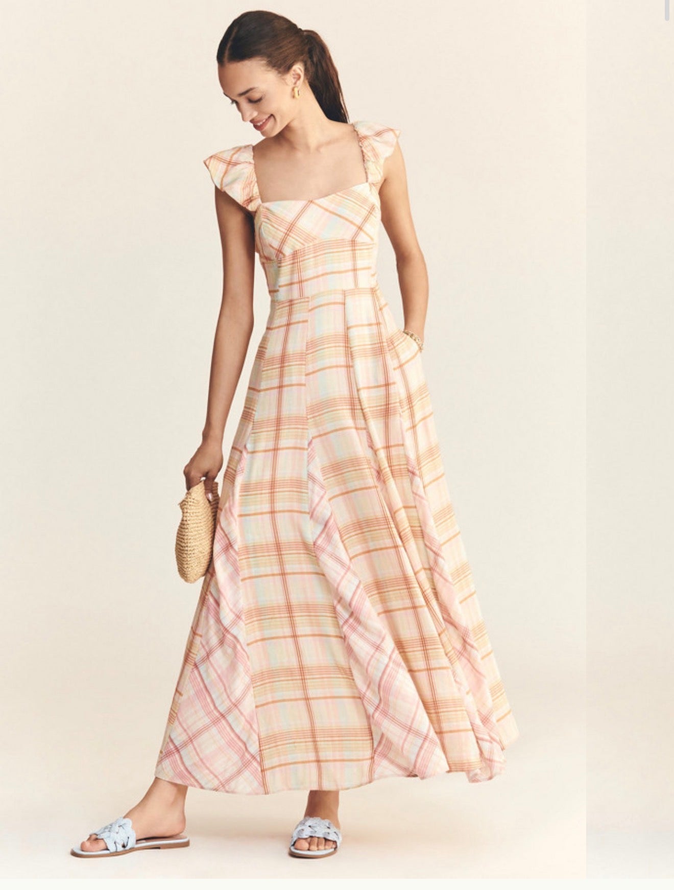 Anthropologie "Maeve Linen Blend Flutter-Sleeve A-Line Midi Dress in Pastel Plaid" (Size S)