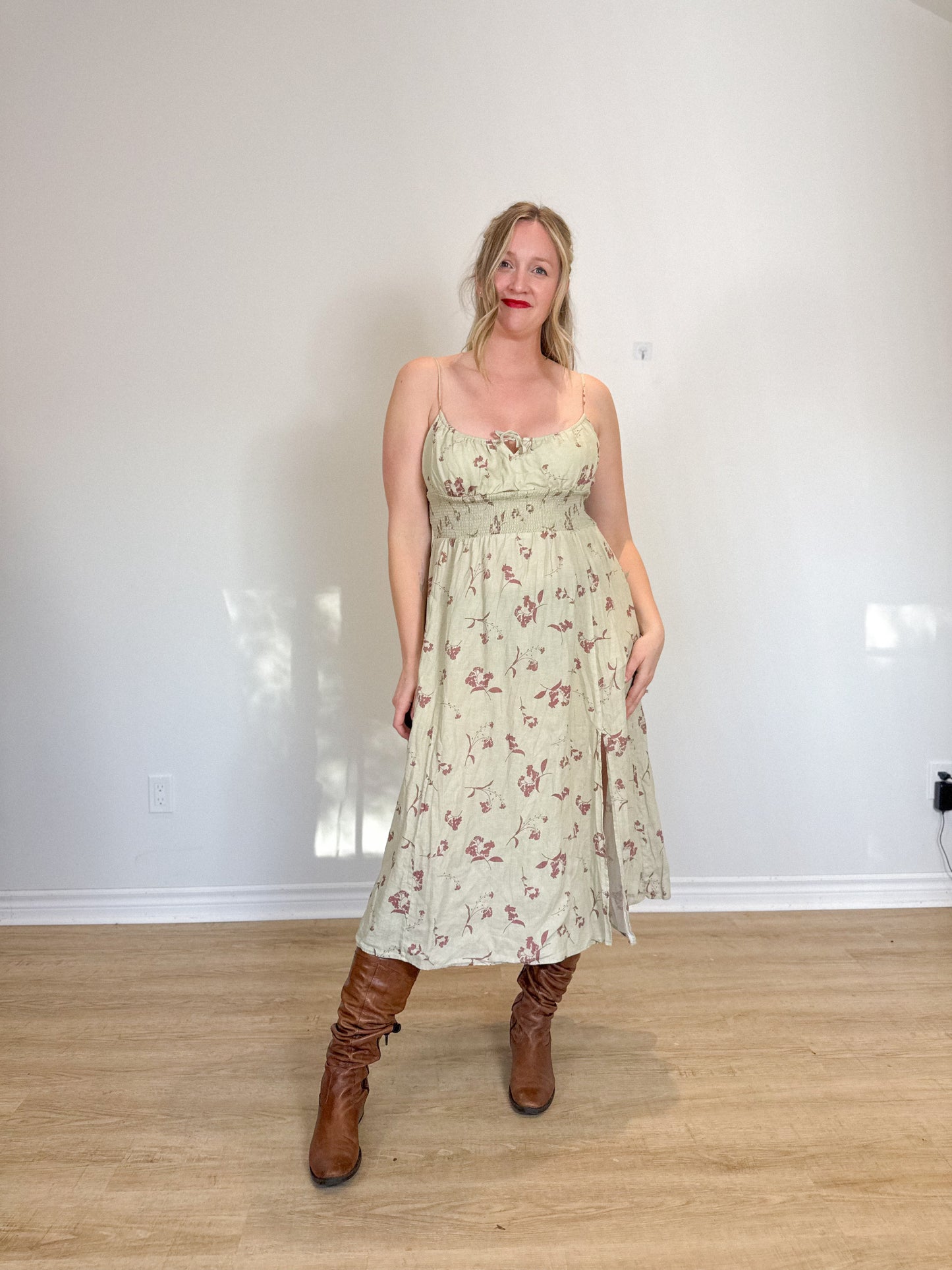 Wilfred "Genoa Linen Midi Dress in Sage Green Floral" (Size XL)