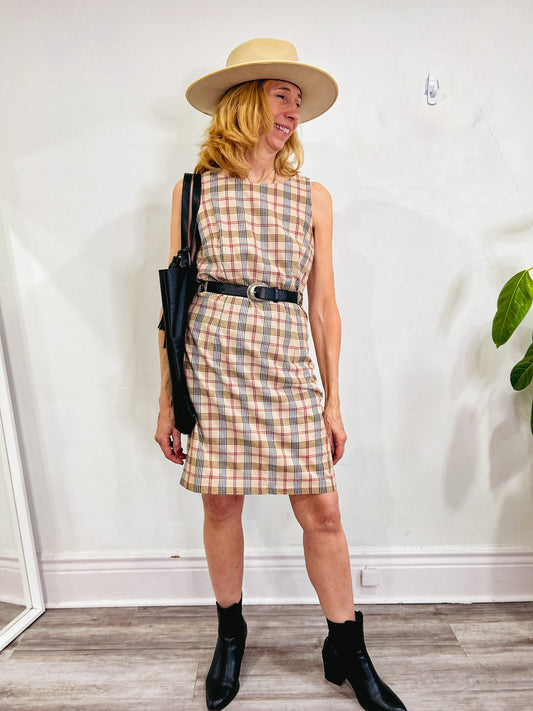 Vintage Check Print Shift Dress (Size M)